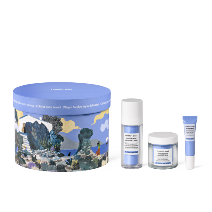 Designer Geschenkbox. Nebenstehend das Water Source Serum, die Depuff Eye Cream und die Rich Sorbet Cream. Alle drei Hydramemory Produkte in Originalgröße.